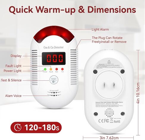 قطعتان من كاشفات الغاز وأول أكسيد الكربون، عرض رقمي تيار متردد 110 ~ 240 فولت، إنذار تسرب الغاز الطبيعي، كاشف غاز بروبان الميثان للمنزل، المطبخ، المرآب، الشقة، واستخدام السفر in Kuwait