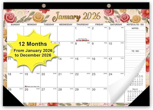 تقويم مكتب 2026 - يناير 2026 - ديسمبر 2026، 12 بوصة × 17 بوصة، لوحة تقويم لمدة 12 شهرًا مع واقيات زوايا، خط قطع، فتحة تعليق، تقويم مكتبي كبير للمدرسة - زهور in Kuwait