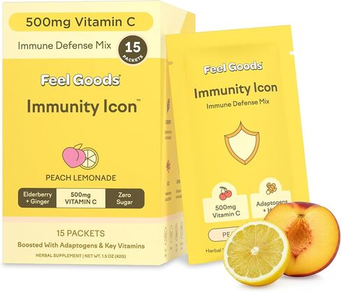 Feel Goods Immunity Icon، صفر سكر، فيتامين C، A، B، D، E والزنك، نبات البلسان العضوي، أشواغاندا، مسحوق مزيج الشراب، نباتي، غير معدّل وراثيًا، خالي من الكافيين والغلوتين | عصير ليمون بالخوخ، 15 قطعة in Kuwait