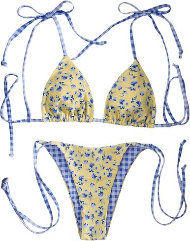 Verdusa Women's 2 Piece Floral Gingham Halter String Cute Bikini Set Cheeky Swimsuit Bathing Suits in Saudi Arabia