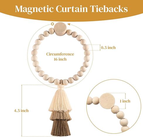 Magnetic Curtain Tiebacks – 2 Pack, 12.6" Natural Wood Beaded Holdbacks with Tassel, No-Drill Drapery Holders for Home & Apartment Décor, Blue (Blue) in Saudi Arabia