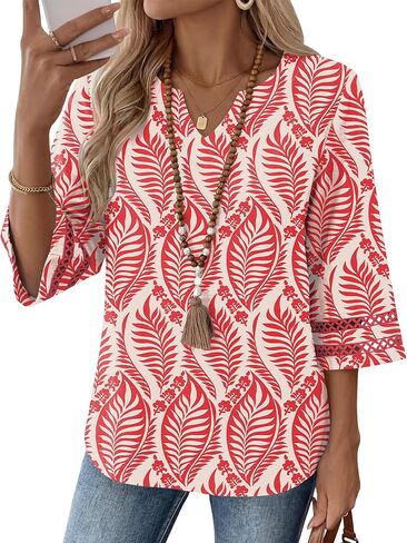 Lomon Womens 3/4 Sleeve V Neck Bohemian Blouses Casual Loose Fit Tunic Tops Vacation Clothes in Saudi Arabia