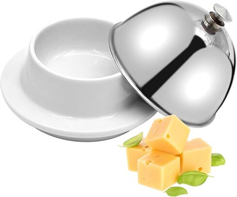 EATAKWARD Ceramic Butter Dish with Stainless Dome Cover, Cheese Dish with Lid, Small Cheese Plate Serving Tray with Silver Handled Lid for Countertop, Dessert, Cupcake, Cream Cake, Appetizer in Saudi Arabia