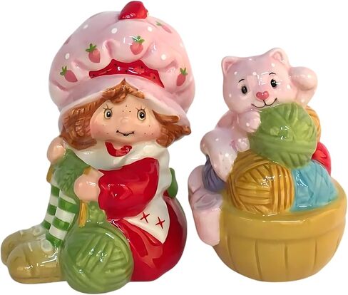 Strawberry Shortcake Purr-fect Knitting Time Salt and Pepper Set, 4.25"L x 2.5"W x 3.25"H created by Blue Sky Clayworks in Saudi Arabia