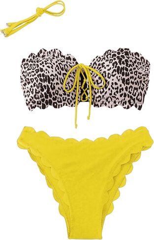 SHENHE Women's Leopard Print Bandeau Bikini Set Scalloped Lace Up Tube Strapless Swimsuits in Saudi Arabia