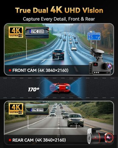 4K+4K DASH CAM الأمامي والخلفي ، بطاقة 128 جيجابايت مجانية ، و WIFI 5.8GHz والتحكم في التطبيق ، GPS المدمج فائقة ، مستشعر G ، زاوية واسعة 170 درجة ، شاشة 3 "IPS ، وضع وقوف السيارات 24H ، دعم 512 جيجابايت كحد أقصى in Kuwait