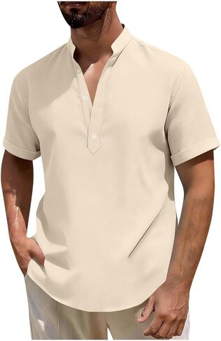 Mandarin Collar Cotton Linen Henley Shirts for Men Casual Short Sleeve 3 Button Up T Shirt for Summer Beach Vacation in Saudi Arabia
