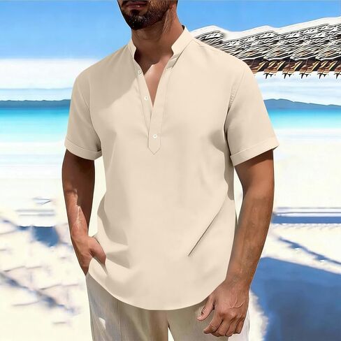 Mandarin Collar Cotton Linen Henley Shirts for Men Casual Short Sleeve 3 Button Up T Shirt for Summer Beach Vacation in Saudi Arabia