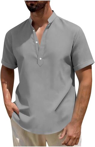 Mandarin Collar Cotton Linen Henley Shirts for Men Casual Short Sleeve 3 Button Up T Shirt for Summer Beach Vacation in Saudi Arabia