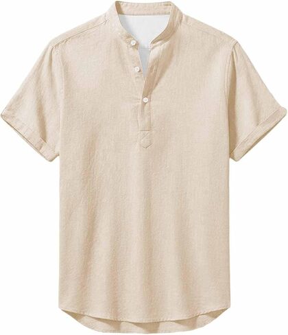 Mandarin Collar Cotton Linen Henley Shirts for Men Casual Short Sleeve 3 Button Up T Shirt for Summer Beach Vacation in Saudi Arabia
