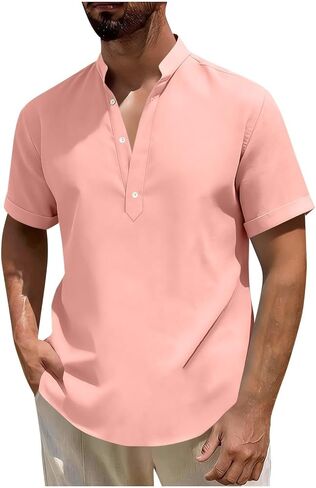 Mandarin Collar Cotton Linen Henley Shirts for Men Casual Short Sleeve 3 Button Up T Shirt for Summer Beach Vacation in Saudi Arabia