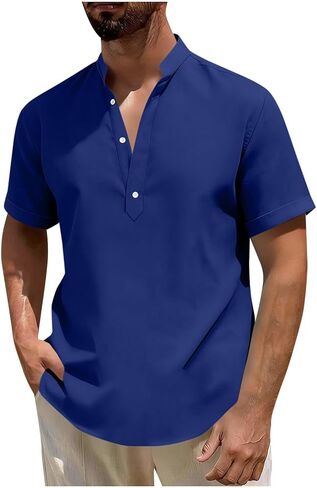 Mandarin Collar Cotton Linen Henley Shirts for Men Casual Short Sleeve 3 Button Up T Shirt for Summer Beach Vacation in Saudi Arabia