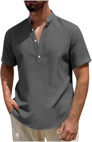 Mandarin Collar Cotton Linen Henley Shirts for Men Casual Short Sleeve 3 Button Up T Shirt for Summer Beach Vacation in Saudi Arabia