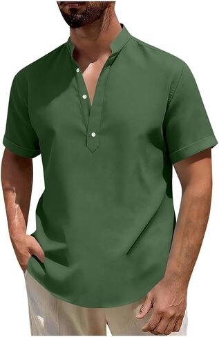 Mandarin Collar Cotton Linen Henley Shirts for Men Casual Short Sleeve 3 Button Up T Shirt for Summer Beach Vacation in Saudi Arabia
