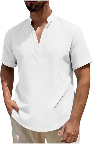 Mandarin Collar Cotton Linen Henley Shirts for Men Casual Short Sleeve 3 Button Up T Shirt for Summer Beach Vacation in Saudi Arabia