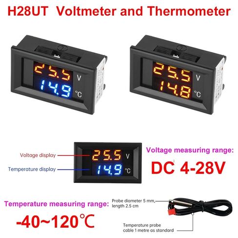 DC4-28V -40~120℃ Digital Voltmeter Thermometer 0.28" LED Display with 1meter NTC 10K Temp 5V 12V 24V 1Pcs(Red Red) in Saudi Arabia