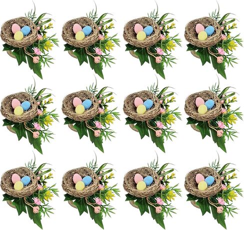 12 Pcs Bird Nest Easter Napkin Rings - Spring Colorful Easter Eggs Napkin Ring Holder - Rattan Farmhouse Tissue Rings for Table Decor Dinner Party Settings in Saudi Arabia