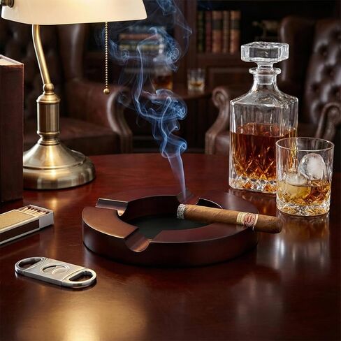 GLENCREAG Cigar Ashtray with 4-Slot Holders, Large Deep Capacity Ash Tray with Stainless Steel Interior, Easy Clean Cigar & Cigarette Ashtray for Indoor Outdoor Patio Home Bar, Gift for Men in Saudi Arabia