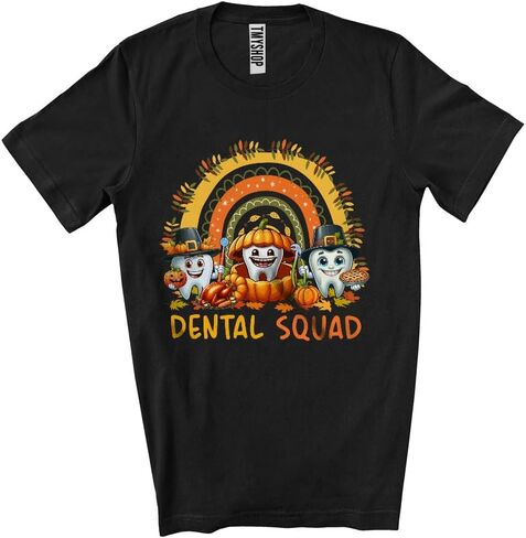 Dental Squad; Adorable Thanksgiving Three Pilgrim Teeth; Fall Rainbow Dentist Dental Group Unisex T-Shirt in Saudi Arabia