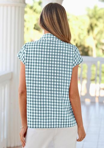 PRETTYGARDEN Womens Button Down Shirts V Neck Short Cap Sleeve Collared Plaid Tops 2026 Summer Spring Casual Blouses Clothes in Saudi Arabia