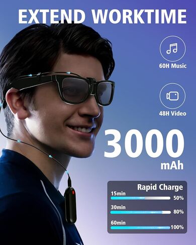 حزمة بطارية النظارات الذكية بقدرة 3000 مللي أمبير في الساعة لنظارات Ray-Ban Meta AI، وشاحن مثبت لـ Wayfarer وSkyler، وشحن سريع، وبطارية خفيفة الوزن يمكن ارتداؤها وموصلات محسّنة، وإطالة مدة الفيديو حتى 48 ساعة in Kuwait