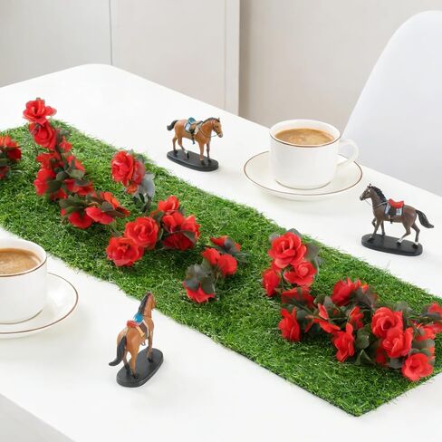 Derby Horse Party Table Decorations Set, Wooden Horseshoe Artificial Grass Table Runners Mini Horse Artificial Rose and Trophy for Horse Racing Festival Holiday Party Supplies Table Centerpieces Decor in Kuwait