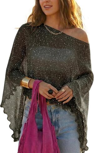 MAKABO Women's Crochet Sheer Poncho Top Lightweight Sparkly Shrug Pullover Knit Bolero Sweater Cover Up Beachwear in Saudi Arabia