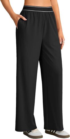 Rooscier Women's Elastic Band High Waist Wide Leg Athletic Pants with Pockets in Saudi Arabia