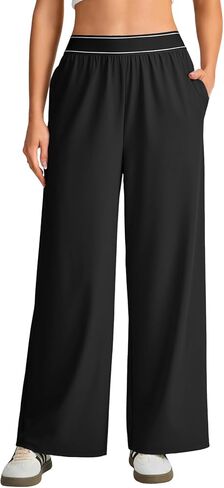 Rooscier Women's Elastic Band High Waist Wide Leg Athletic Pants with Pockets in Saudi Arabia