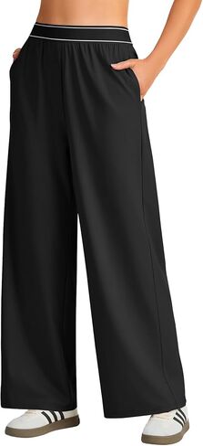 Rooscier Women's Elastic Band High Waist Wide Leg Athletic Pants with Pockets in Saudi Arabia