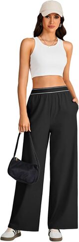 Rooscier Women's Elastic Band High Waist Wide Leg Athletic Pants with Pockets in Saudi Arabia