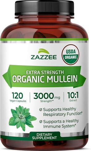 Zazzee USDA Organic Mullein Leaf 10:1 Extract, 120 Vegan Capsules, 4 Month Supply, Verbascum Thapsus, Respiratory & Lung Support, Organic Herbal Supplement, All-Natural, Non-GMO, Made in the USA in Saudi Arabia
