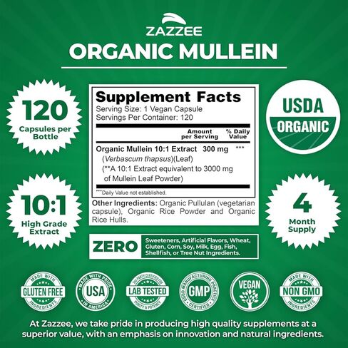 Zazzee USDA Organic Mullein Leaf 10:1 Extract, 120 Vegan Capsules, 4 Month Supply, Verbascum Thapsus, Respiratory & Lung Support, Organic Herbal Supplement, All-Natural, Non-GMO, Made in the USA in Saudi Arabia
