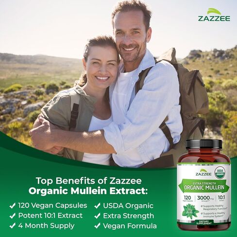 Zazzee USDA Organic Mullein Leaf 10:1 Extract, 120 Vegan Capsules, 4 Month Supply, Verbascum Thapsus, Respiratory & Lung Support, Organic Herbal Supplement, All-Natural, Non-GMO, Made in the USA in Saudi Arabia