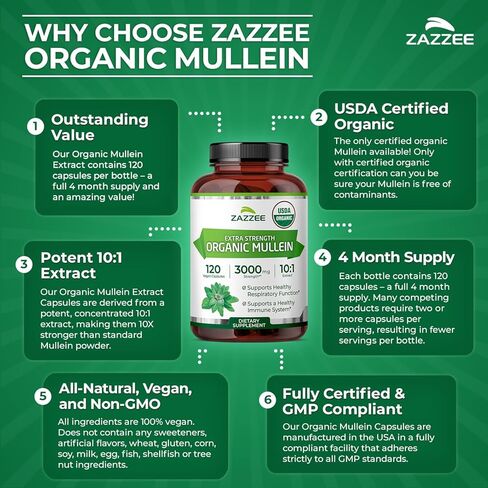 Zazzee USDA Organic Mullein Leaf 10:1 Extract, 120 Vegan Capsules, 4 Month Supply, Verbascum Thapsus, Respiratory & Lung Support, Organic Herbal Supplement, All-Natural, Non-GMO, Made in the USA in Saudi Arabia