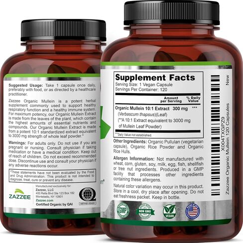 Zazzee USDA Organic Mullein Leaf 10:1 Extract, 120 Vegan Capsules, 4 Month Supply, Verbascum Thapsus, Respiratory & Lung Support, Organic Herbal Supplement, All-Natural, Non-GMO, Made in the USA in Saudi Arabia