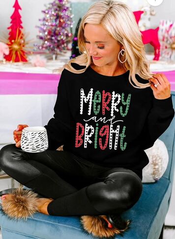 Christmas Sweatshirt Women Merry And Bright Pullover Shirt Novelty Christmas Xmas Gift Holiday Top in Saudi Arabia