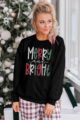 Christmas Sweatshirt Women Merry And Bright Pullover Shirt Novelty Christmas Xmas Gift Holiday Top in Saudi Arabia