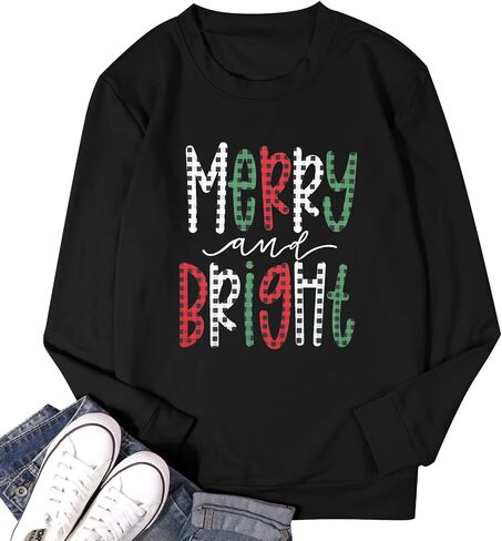 Christmas Sweatshirt Women Merry And Bright Pullover Shirt Novelty Christmas Xmas Gift Holiday Top in Saudi Arabia