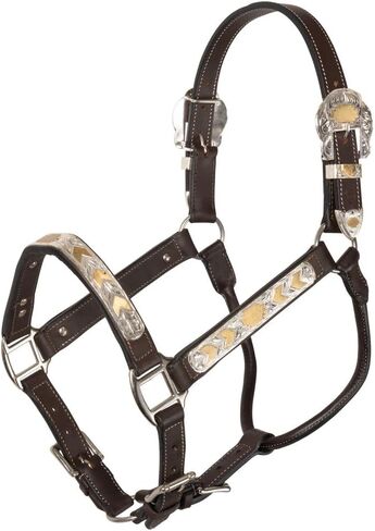 شنايدرز فينيكس سيلفر شو هالتر للخيول ذات الرصاص - ملطخ قليلاً | لهجات جنوب غربية من الفضة والذهب محفورة يدويًا | جلد أرجنتيني ناعم ملائم بشكل مريح | اللون زيتي غامق | حجم الحصان الكامل in Kuwait