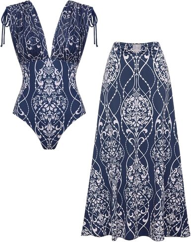 FLAXMAKER Women's One Piece V Neck Shoulder Drawstring Printed Swimsuit with Skirt in Saudi Arabia