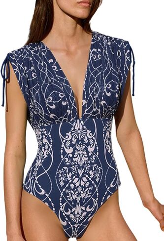 FLAXMAKER Women's One Piece V Neck Shoulder Drawstring Printed Swimsuit with Skirt in Saudi Arabia