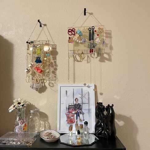 Heesch 2pack عرض القرط المعلقة حامل المجوهرات المنظم الزخرفية شكل الماس المعدني مع 10 خطاف لسوار القلادة (ذهبي) (مستطيل ذهبي) in Kuwait