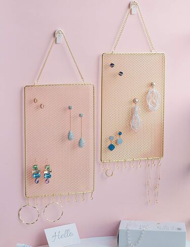 Heesch 2pack عرض القرط المعلقة حامل المجوهرات المنظم الزخرفية شكل الماس المعدني مع 10 خطاف لسوار القلادة (ذهبي) (مستطيل ذهبي) in Kuwait