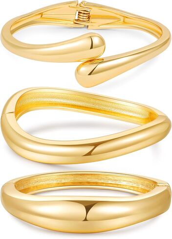 3Pcs Gold Bangles Bracelets for Women,14K Gold Plated Hinged Opened Chunky Thick Gold Bracelet Stack Cuff Bracelets Statement Jewelry Set for Women in Saudi Arabia