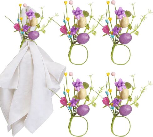 Easter Eggs Napkin Rings Set of 4, Handmade Purple White Egg Flowers Napkin Ring Holders Tableware Decor for Spring Holiday Dinner Wedding Party Rustic Farmhouse Table Setting Supplies in Saudi Arabia