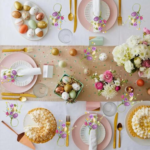 Easter Eggs Napkin Rings Set of 4, Handmade Purple White Egg Flowers Napkin Ring Holders Tableware Decor for Spring Holiday Dinner Wedding Party Rustic Farmhouse Table Setting Supplies in Saudi Arabia