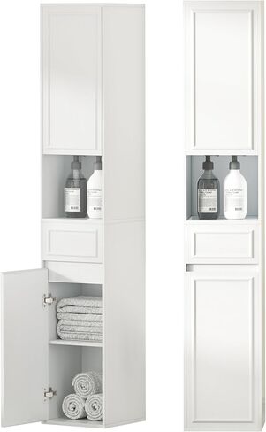 Tall Narrow Storage Cabinet with 2 Doors, 1 Hidden & Open Shelf - 4-Tier Bathroom Storage Organizer, Only 12" Wide Space-Saving Floor or Wall Cabinet for Bathroom, Small Spaces (65" H, Embossed White) in Saudi Arabia