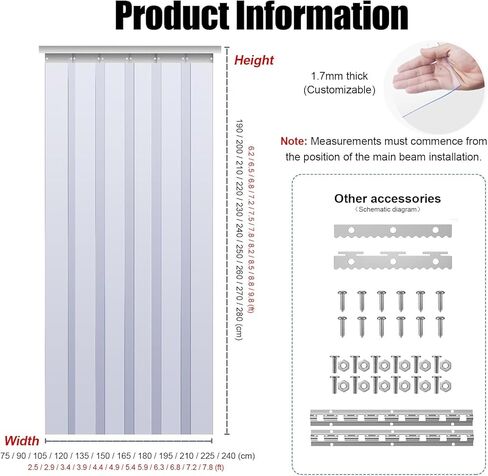 Clear PVC Strip Curtain Door Kit - Insulated Barrier for Warehouses & Freezers, Easy to Install Transparent Vinyl Partition - 240x190cm (94.5x74.8in) in Kuwait