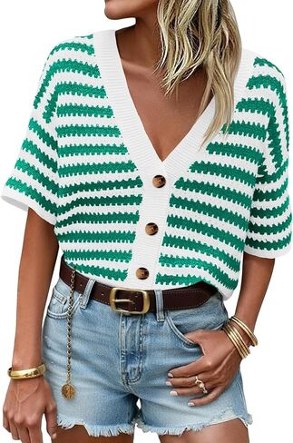 Saodimallsu Womens Short Sleeve Striped Cardigan Sweaters Crochet Knit Button Down Shirts V Neck Spring Summer Tops in Saudi Arabia